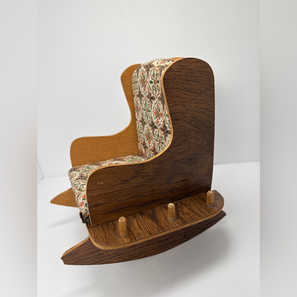 Vtg Wood Rocking Chair Pin Cushion w/ Drawer Holds Spools Thread Sewing Notions - Picture 3 of 12